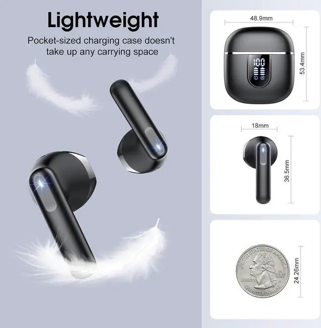 Alt view image 6 of 7 - Wireless Earbuds, 2025 Bluetooth 5.4 Headphones with 3D Bass Stereo, 40H Ultralight in-Ear Buds, Bluetooth Earbuds with 4 ENC Noise Cancelling Mic, USB-C LED, IP7 Waterproof Earphones for Android iOS