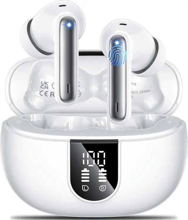 Main image of Wireless Earbuds Headphones Bluetooth 5.3 with 4 ENC Noise Cancelling Mics,Hi-Fi Stereo in Ear Ear Buds with LED Screen,IPX6 Waterproof,42h Duration Playback for iPhone and Android white earphones