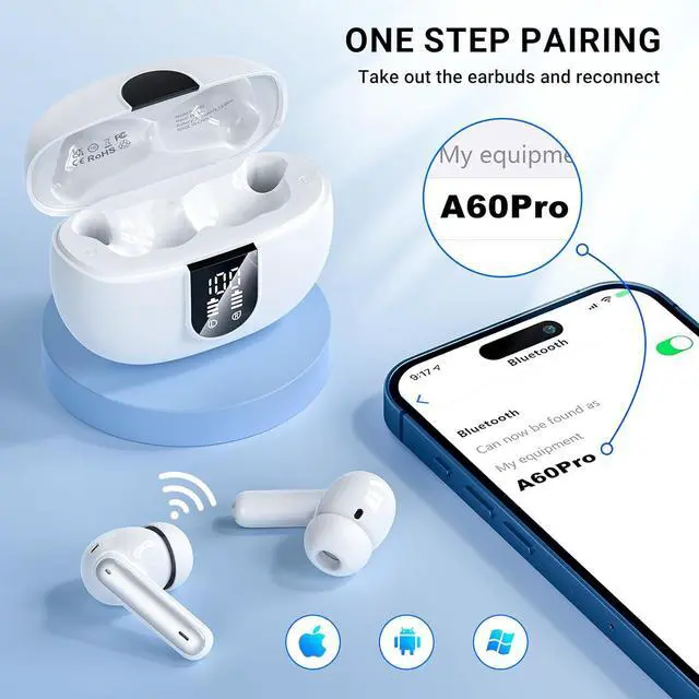 Alt view image 4 of 7 - Wireless Earbuds Headphones Bluetooth 5.3 with 4 ENC Noise Cancelling Mics,Hi-Fi Stereo in Ear Ear Buds with LED Screen,IPX6 Waterproof,42h Duration Playback for iPhone and Android white earphones