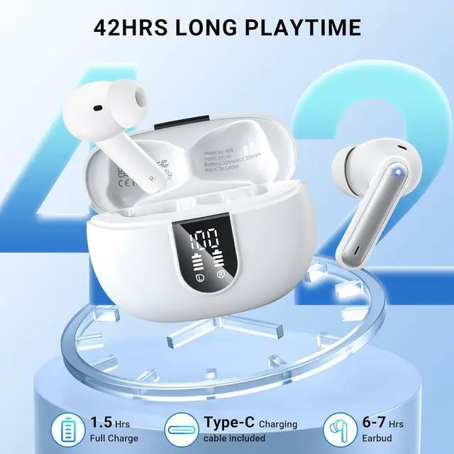 Alt view image 5 of 7 - Wireless Earbuds Headphones Bluetooth 5.3 with 4 ENC Noise Cancelling Mics,Hi-Fi Stereo in Ear Ear Buds with LED Screen,IPX6 Waterproof,42h Duration Playback for iPhone and Android white earphones