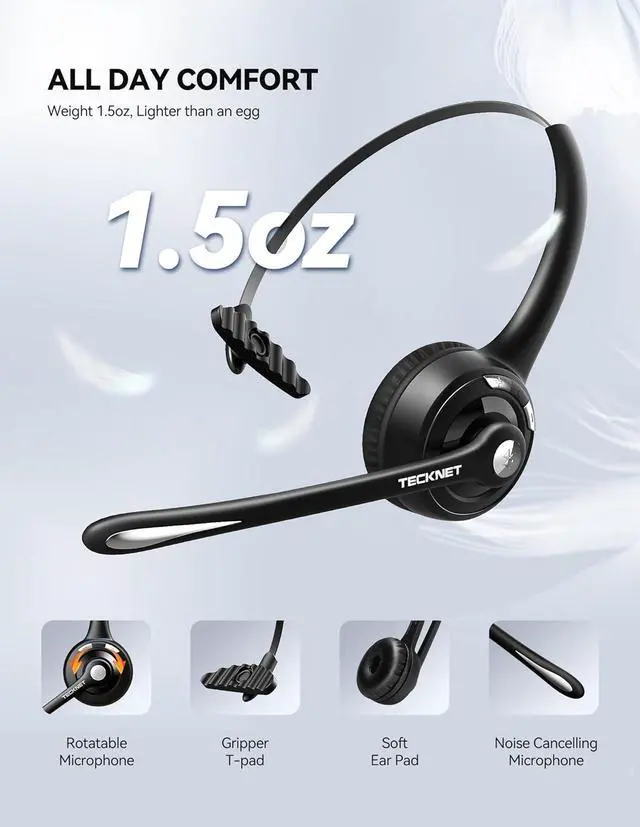Alt view image 4 of 7 - TECKNET Bluetooth Headset, Wireless Headset with Noise Canceling Microphone for Trucker, On-Ear Bluetooth Headphone with Mute Mic for Work
