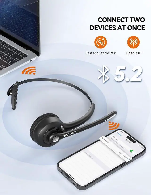 Alt view image 2 of 7 - TECKNET Bluetooth Headset, Wireless Headset with Noise Canceling Microphone for Trucker, On-Ear Bluetooth Headphone with Mute Mic for Work