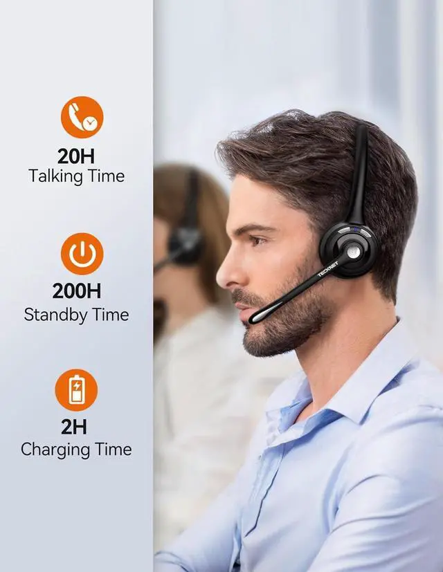 Alt view image 5 of 7 - TECKNET Bluetooth Headset, Wireless Headset with Noise Canceling Microphone for Trucker, On-Ear Bluetooth Headphone with Mute Mic for Work