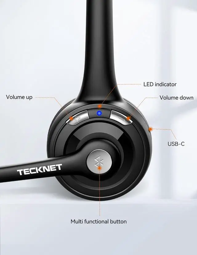 Alt view image 7 of 7 - TECKNET Bluetooth Headset, Wireless Headset with Noise Canceling Microphone for Trucker, On-Ear Bluetooth Headphone with Mute Mic for Work