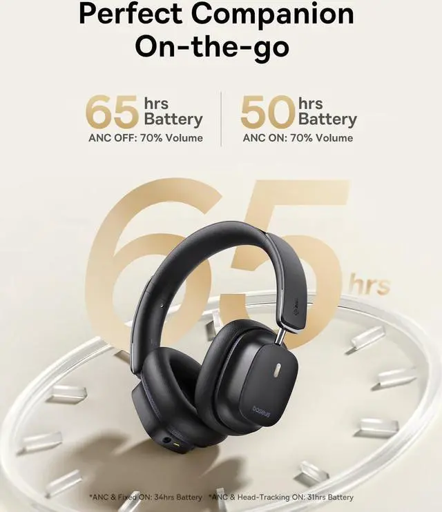 Alt view image 5 of 7 - Baseus Bowie 30 Max Active Noise Cancelling Headphones, Head Tracking Spatial Audio, LDAC Hi-Res Wireless Sound, 65H Playtime, Comfort Fit, Clear Calls, App Control, Bluetooth 5.4 Headphones Over Ear