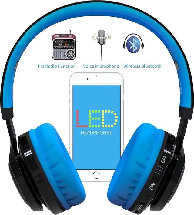 Alt view image 2 of 6 - Riwbox Wireless Headphones for Kids, AB005 Kids Bluetooth Headphones V5.2 with Microphone Foldable Headset with TF Card FM Radio and LED Light Compatible for Phones PC TV (Black&Blue)