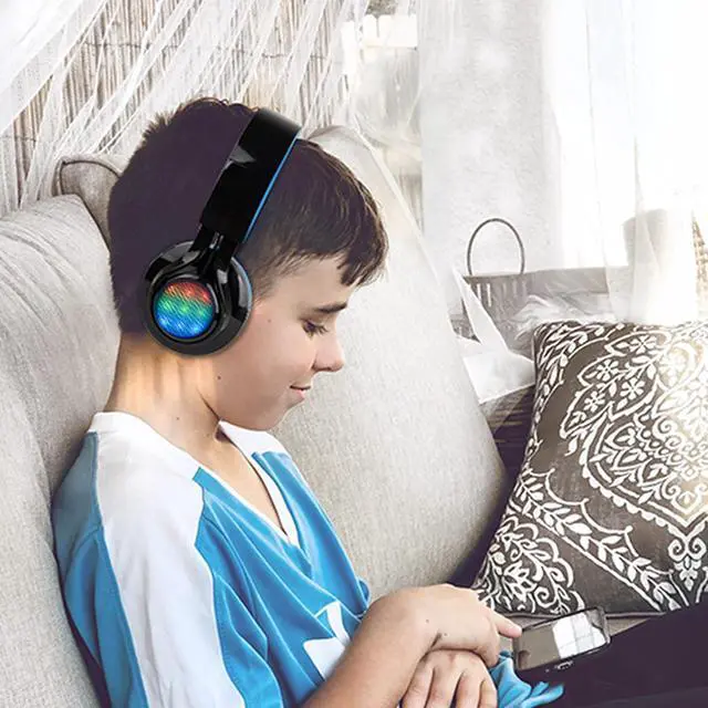 Alt view image 6 of 6 - Riwbox Wireless Headphones for Kids, AB005 Kids Bluetooth Headphones V5.2 with Microphone Foldable Headset with TF Card FM Radio and LED Light Compatible for Phones PC TV (Black&Blue)