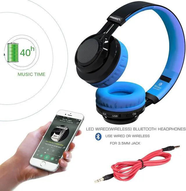 Alt view image 4 of 6 - Riwbox Wireless Headphones for Kids, AB005 Kids Bluetooth Headphones V5.2 with Microphone Foldable Headset with TF Card FM Radio and LED Light Compatible for Phones PC TV (Black&Blue)