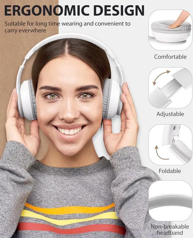 Alt view image 2 of 7 - rockpapa E7 Over Ear Wireless Bluetooth Headphones with Mic Include Travel Case, Foldable Wired/Wireless Headphones with Microphone for Kids Childrens Boys Girls Teen Youth Adult White Grey