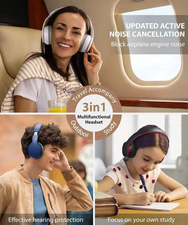 Alt view image 7 of 7 - rockpapa E7 Over Ear Wireless Bluetooth Headphones with Mic Include Travel Case, Foldable Wired/Wireless Headphones with Microphone for Kids Childrens Boys Girls Teen Youth Adult White Grey