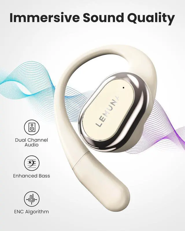 Alt view image 3 of 7 - Open Ear Bluetooth 5.4 Headphones, Wireless Earbuds with Earhooks, Touch Control, Dual Mic Clear Calls, IPX4 Waterproof, Lightweight Design, 32H Playtime, Perfect for Running & Workouts - Beige