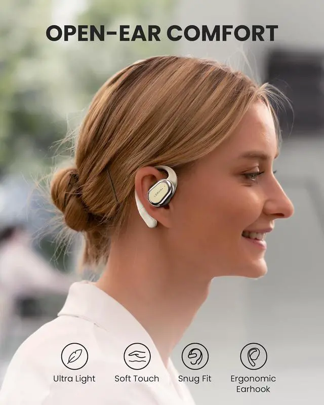 Alt view image 2 of 7 - Open Ear Bluetooth 5.4 Headphones, Wireless Earbuds with Earhooks, Touch Control, Dual Mic Clear Calls, IPX4 Waterproof, Lightweight Design, 32H Playtime, Perfect for Running & Workouts - Beige