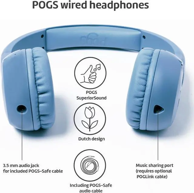 Main image of POGS Kids Wired Headphones | The Elephant 2 | Adjustable, Durable Headphones for Kids 3+ | Limited to 85 dB, Microphone | On-Ear | Music-Sharing Function Safe 3.5mm Audio Cable (3.2ft) (rBlue)