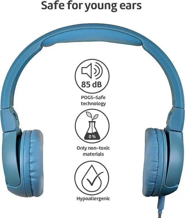 Alt view image 2 of 7 - POGS Kids Wired Headphones | The Elephant 2 | Adjustable, Durable Headphones for Kids 3+ | Limited to 85 dB, Microphone | On-Ear | Music-Sharing Function Safe 3.5mm Audio Cable (3.2ft) (rBlue)