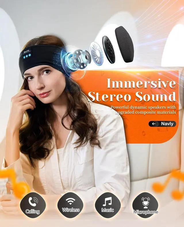 Alt view image 2 of 7 - Navly Sleep Headphones, 10Hrs Sports Headband with Soft Cozy Earbuds Comfortable, Headphones Headband with Ultra-Thin HD Stereo Speakers Perfect for Workout,Running,Yoga,Travel
