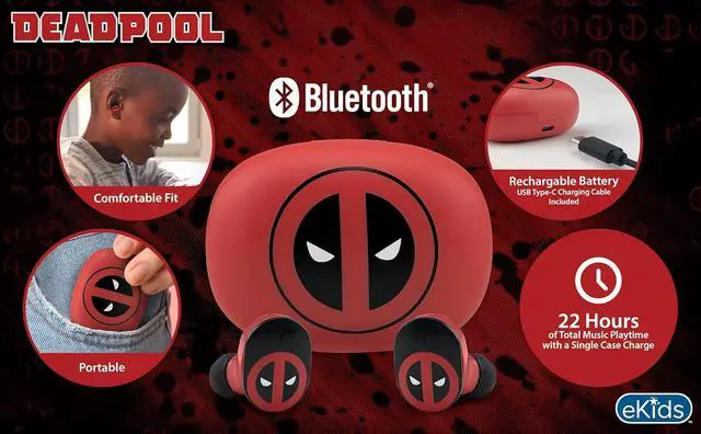 Alt view image 4 of 6 - eKids Marvel Deadpool Wireless Earbuds with Microphone, Bluetooth Earbuds with Charging Case for Ear Buds, Designed for School, Home, or Travel