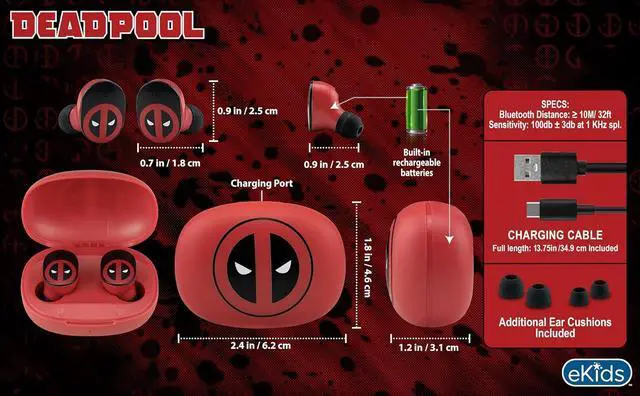 Alt view image 6 of 6 - eKids Marvel Deadpool Wireless Earbuds with Microphone, Bluetooth Earbuds with Charging Case for Ear Buds, Designed for School, Home, or Travel
