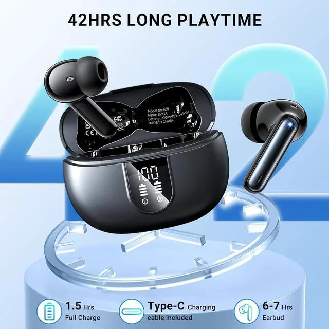Alt view image 5 of 7 - Wireless Earbuds Headphones Bluetooth 5.3 with 4 ENC Noise Cancelling Mics,Hi-Fi Stereo in Ear Ear Buds with LED Screen,42h Duration Playback,IPX6 Waterproof Earphones for iOS Android Black