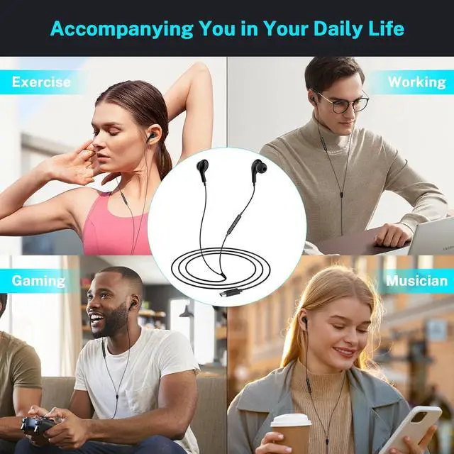 Alt view image 7 of 7 - USB C Headphones for iPhone 16 Wired Earphones for Samsung Galaxy S24/S23/S22/S21 Ultra for iPhone 15 Pro Wired Earbuds with Mic Stereo Noise Cancelling Type C Earbuds for Pixel 9/Oneplus 12, Black