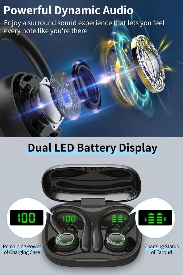 Alt view image 3 of 7 - Wireless Earbuds, 60H Playback Bluetooth 5.3 Headphones,Noise Cancelling Wireless Headphones with LED Battery Display, Mics Clear Call, IPX7 Waterproof Bluetooth Earbuds for Workout Sports (BLACK)