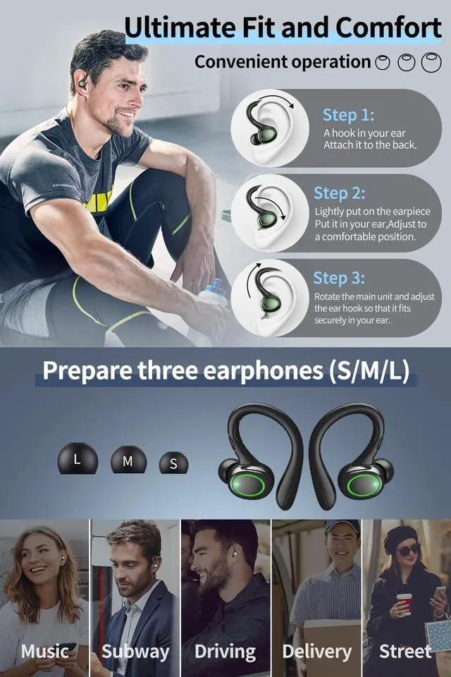 Alt view image 4 of 7 - Wireless Earbuds, 60H Playback Bluetooth 5.3 Headphones,Noise Cancelling Wireless Headphones with LED Battery Display, Mics Clear Call, IPX7 Waterproof Bluetooth Earbuds for Workout Sports (BLACK)