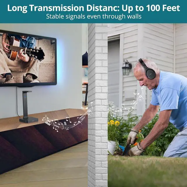 Alt view image 4 of 7 - Wireless Headphones for TV Watching with 2.4G RF Transmitter Charging Dock, Support Digital Optical 3.5mm Input, Optical Output, 100 Ft Range,20 Hour Rechargeable Battery Black with Red