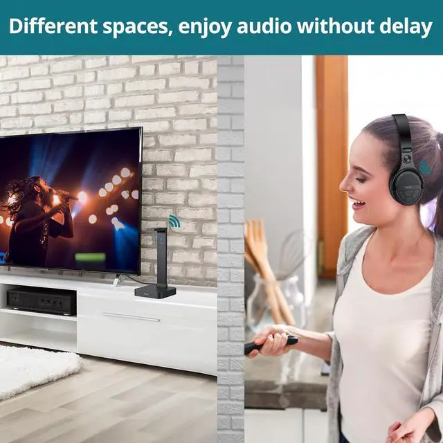 Alt view image 5 of 7 - Wireless Headphones for TV Watching with 2.4G RF Transmitter Charging Dock, Support Digital Optical 3.5mm Input, Optical Output, 100 Ft Range,20 Hour Rechargeable Battery Black with Red