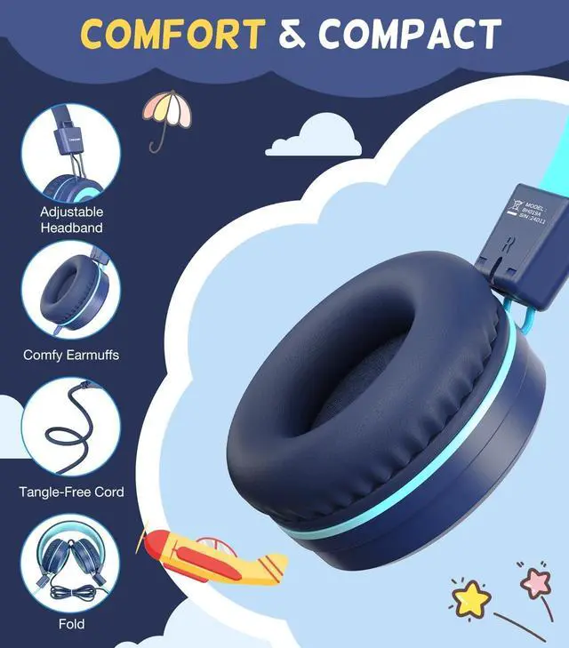 Alt view image 4 of 7 - USB Type C Kids Headphones for School, Wired Toddler Headphones, 94dB Volume Limited, HD Stereo Sound, Foldable Lightweight On-Ear Wired Headphones for Kids/Children/Teens/Boys (Dark Blue)