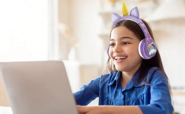 Alt view image 4 of 6 - eKids Unicorn Academy Bluetooth Headphones, Wireless Headphones with Microphone Includes Aux Cord, Volume Reduced Kids Foldable Headphones for School, Home, or Travel