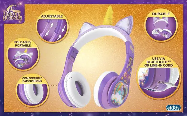 Alt view image 5 of 6 - eKids Unicorn Academy Bluetooth Headphones, Wireless Headphones with Microphone Includes Aux Cord, Volume Reduced Kids Foldable Headphones for School, Home, or Travel