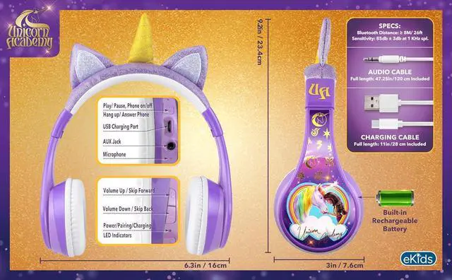 Alt view image 6 of 6 - eKids Unicorn Academy Bluetooth Headphones, Wireless Headphones with Microphone Includes Aux Cord, Volume Reduced Kids Foldable Headphones for School, Home, or Travel