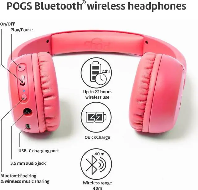 Alt view image 2 of 7 - POGS Kids Bluetooth Wireless Headphones | The Gecko 2 | Foldable, Durable Headphones for Kids 3+ | Volume Limited 85 dB, Microphone | On-Ear | Wireless Music-Sharing Function (rPink)