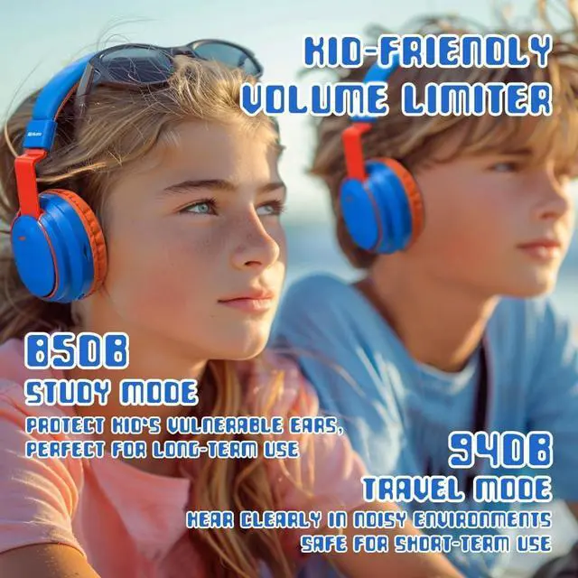 Alt view image 2 of 7 - Kids Headphones Bluetooth 5.3 Wireless 60H Play Time Volume Limited 85/110dB Over Ear Foldable Headset with Cable Aux Mic for iPad Notebook Boy Girl Travel School Tablet Blue