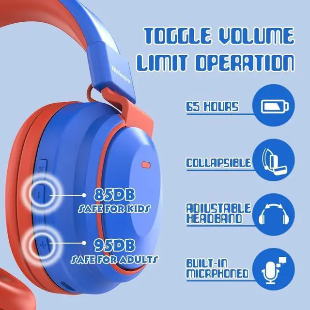 Alt view image 6 of 7 - Kids Headphones Bluetooth 5.3 Wireless 60H Play Time Volume Limited 85/110dB Over Ear Foldable Headset with Cable Aux Mic for iPad Notebook Boy Girl Travel School Tablet Blue