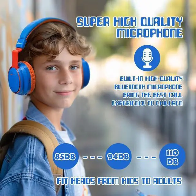 Alt view image 7 of 7 - Kids Headphones Bluetooth 5.3 Wireless 60H Play Time Volume Limited 85/110dB Over Ear Foldable Headset with Cable Aux Mic for iPad Notebook Boy Girl Travel School Tablet Blue