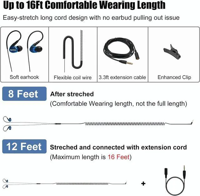 Alt view image 2 of 7 - Joymiso 16Ft Extra Long Cord Earbuds Headphones for TV PC Laptop with Mic Volume Control Spring Coil Wire & Extension Cable 3.5mm Wired Over Ear in-Ear Computer Earphones for Kids Women Small Ears