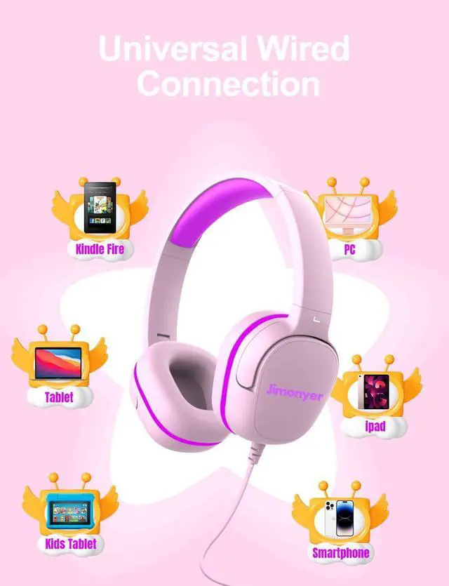 Alt view image 6 of 7 - Kids Headphones for School, 3.5mm Jack Wired Headphones for Kids with Safe Volume Limiter, HD Stereo Sound On-Ear Girls Boys Toddler Headphone for Tablet, iPad, Kindle(Pink)