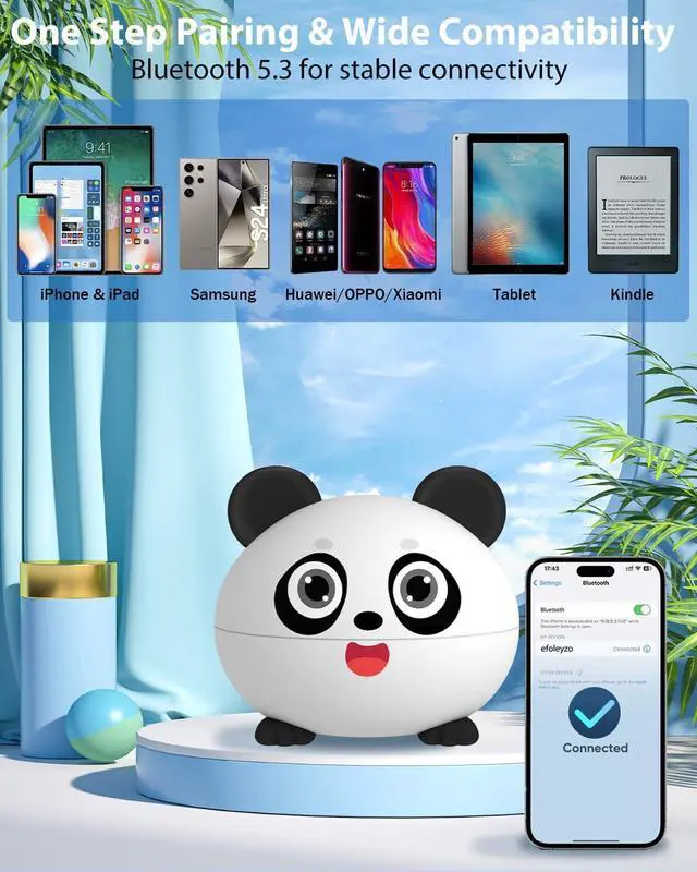 Alt view image 6 of 7 - Kids Earbuds, Wireless Bluetooth Girls Boys Headphones with Microphones, 85dB Healthy Volume Control Protect Hearing, Lightweight, Waterproof, 30Hrs Playtime,Earphones for iPad Tablet Computers, Panda