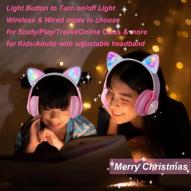 Alt view image 2 of 6 - Cat Ear Kids Headphones Wireless, LED Light up Bluetooth Headphones with Microphone for Toddler/Teenagers/Adult (Pink Pro)