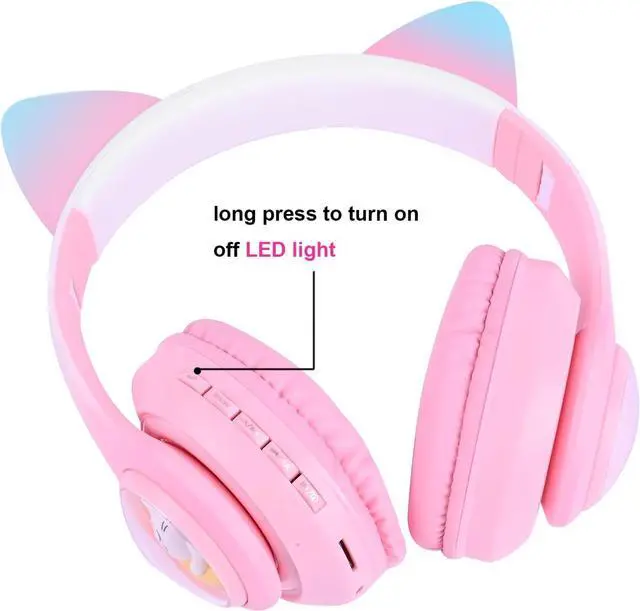Alt view image 4 of 6 - Cat Ear Kids Headphones Wireless, LED Light up Bluetooth Headphones with Microphone for Toddler/Teenagers/Adult (Pink Pro)