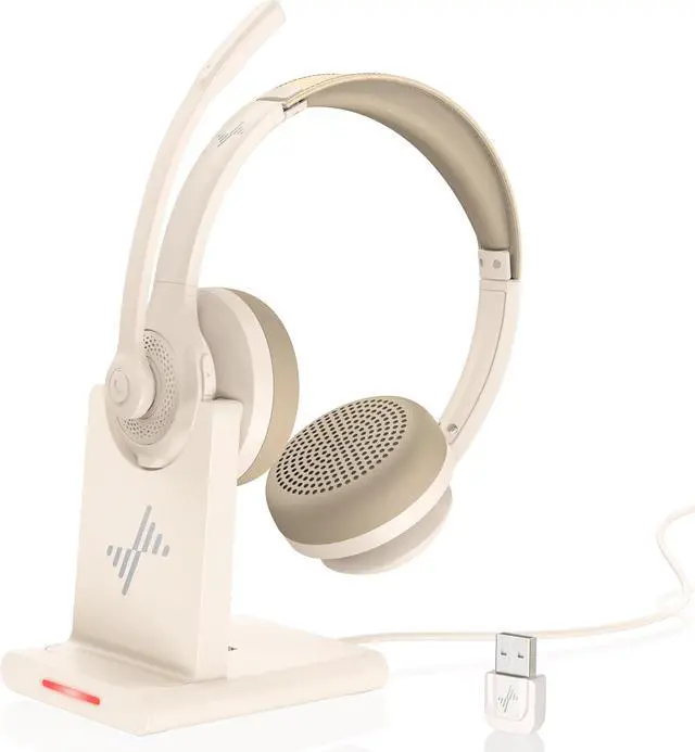 Main image of Wireless Headset with AI Noise Cancelling Microphone Bluetooth Headset - Bluetooth V5.2 Headphones with USB Dongle, Charging Base & Mic Mute for Computer/Laptop/PC/iPhone/Android/Cell Phones-White