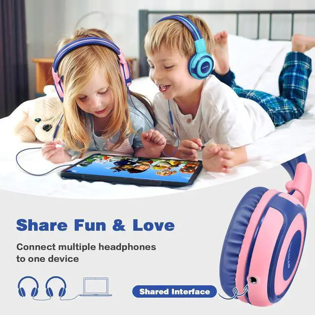 Alt view image 4 of 7 - SIMOLIO 2 Pack Headphones for Kids with Mic, 75dB/85dB/94dB Safe Volume Limit, Wired Headphones for Girls Boys Children with Share Jack, On-Ear Headphones for School Tablet Laptop Travel (Mint,Pink)