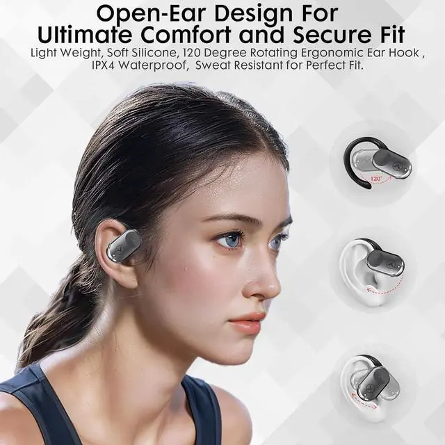 Alt view image 2 of 6 - Open-Ear Headphones, Wireless Bluetooth 5.3 Earbuds, Comfort and Stable Fit, 16.2mm Drivers, Clear Calls, Sweat Proof, 30H Playtime, Compatible with iPhone & Android (Grey-Black)