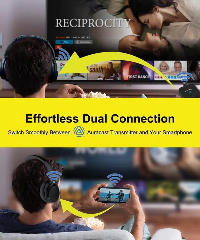 Alt view image 7 of 7 - HomeSpot JM320 Auracast TV Headphones, Bluetooth 5.4, with Wireless Transmitter for AV Home Theater Projector, TV & Mobile Seamless Switching, LE Audio Low Latency, Gifts for Senior (Basic Pack)