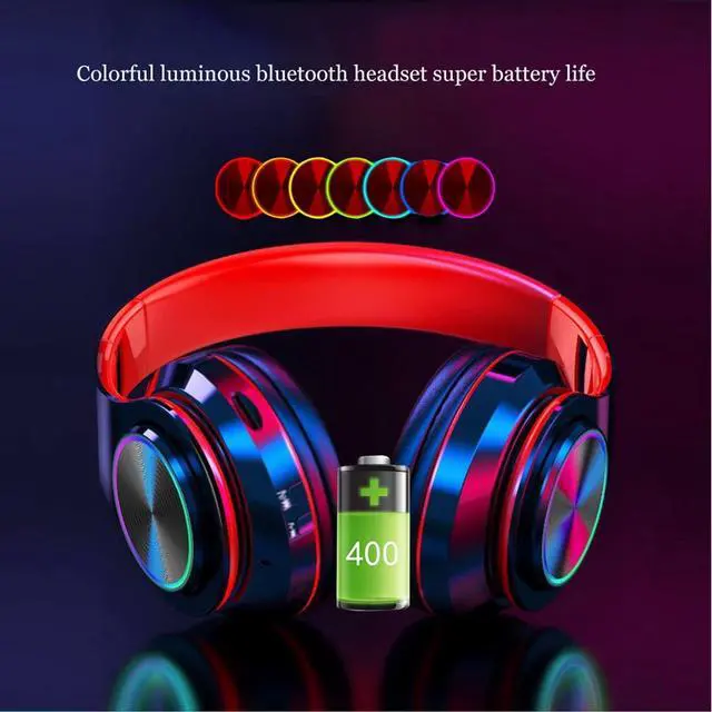 Alt view image 2 of 7 - Wireless Bluetooth Headphones with Colorful LED Lights, Built-in Mic, Light Weight, Foldable, Wired HiFi Stereo Headphones for Classroom/Home Office/PC/Mobile Phone/Kids Adult (Black Red)