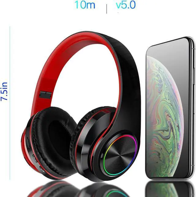 Alt view image 5 of 7 - Wireless Bluetooth Headphones with Colorful LED Lights, Built-in Mic, Light Weight, Foldable, Wired HiFi Stereo Headphones for Classroom/Home Office/PC/Mobile Phone/Kids Adult (Black Red)
