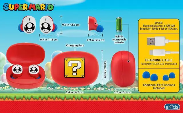 Alt view image 6 of 6 - eKids Super Mario Wireless Earbuds with Microphone, Bluetooth Earbuds with Charging Case for Ear Buds, Designed for School, Home, or Travel