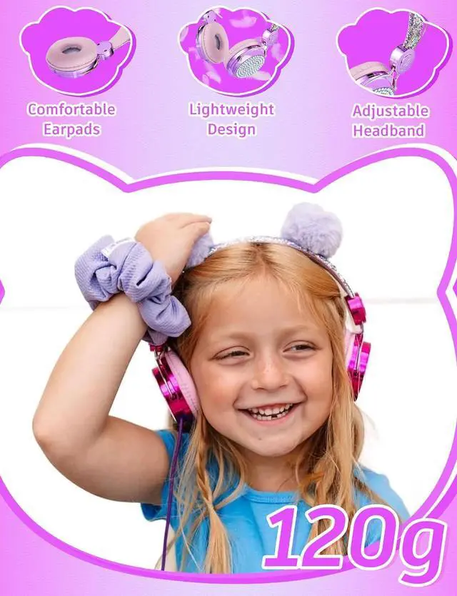 Alt view image 2 of 7 - Kids Pom Headphones with Mic for Travel/Car/Plane,Added 85DB Limit Function&Shareport,Unicorns Gifts for Girls,On/Over Ear HD Stereo Wired Headsets with Nylon Cable-Hot-Purple