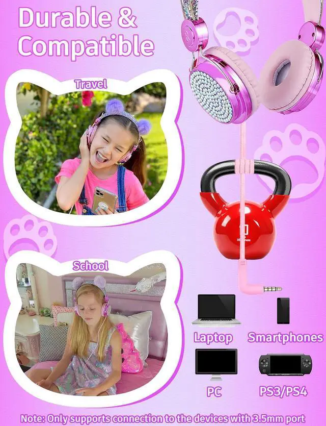 Alt view image 3 of 7 - Kids Pom Headphones with Mic for Travel/Car/Plane,Added 85DB Limit Function&Shareport,Unicorns Gifts for Girls,On/Over Ear HD Stereo Wired Headsets with Nylon Cable-Hot-Purple