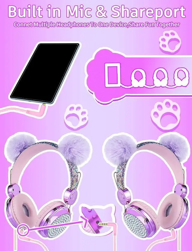 Alt view image 4 of 7 - Kids Pom Headphones with Mic for Travel/Car/Plane,Added 85DB Limit Function&Shareport,Unicorns Gifts for Girls,On/Over Ear HD Stereo Wired Headsets with Nylon Cable-Hot-Purple